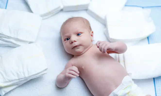 quantidade de fraldas para cada tamanho do bebe - imagem mostrando um bebe rodeado de fraldas